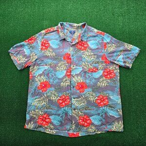 George Hawaiian Shirt Mens 2XL Blue Floral Button Up Beach Tropical Casual Rayon
